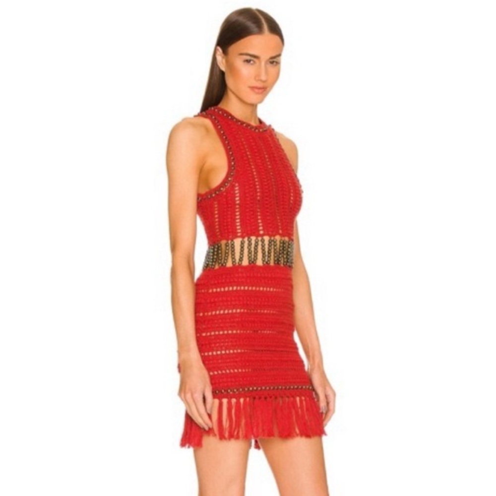 NWT! DUNDAS x REVOLVE Gemma Beaded Crochet Mini Dress – XS (Brick Red)